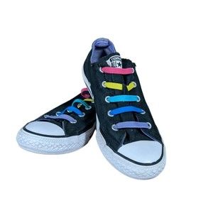 Converse All Star Classic Black Low Top w/ Rainbow Stretch Laces | Size Boys 3Y